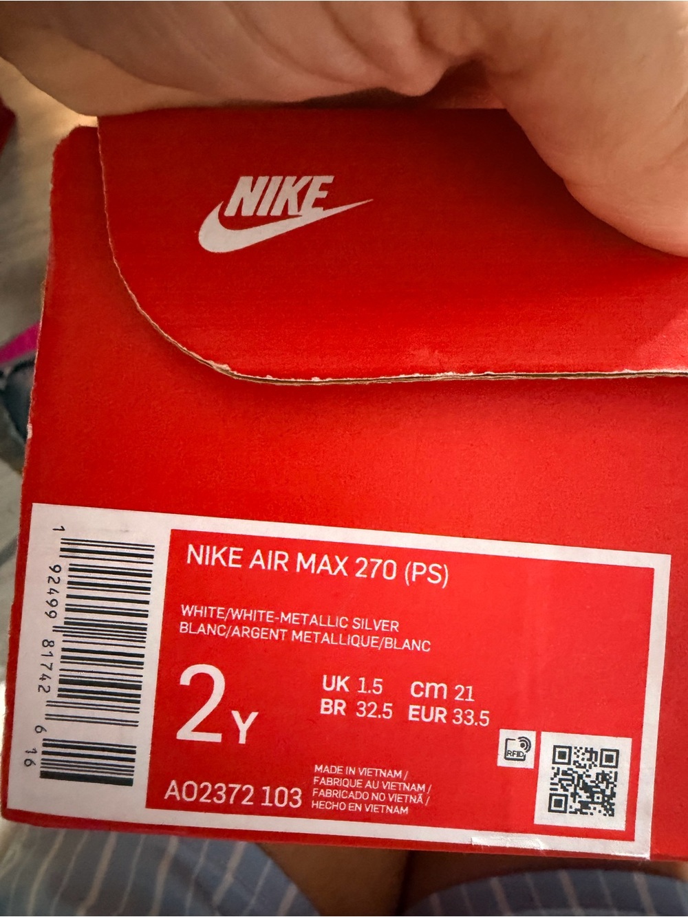 Nike Kids White/Metallic Silver Air Max 270 (PS) Shoe Box Label